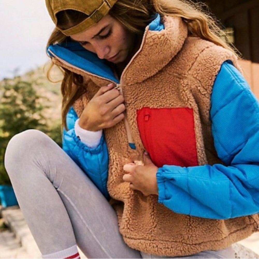Free People Colorblock Sherpa Jacket with Blue and Red Accents